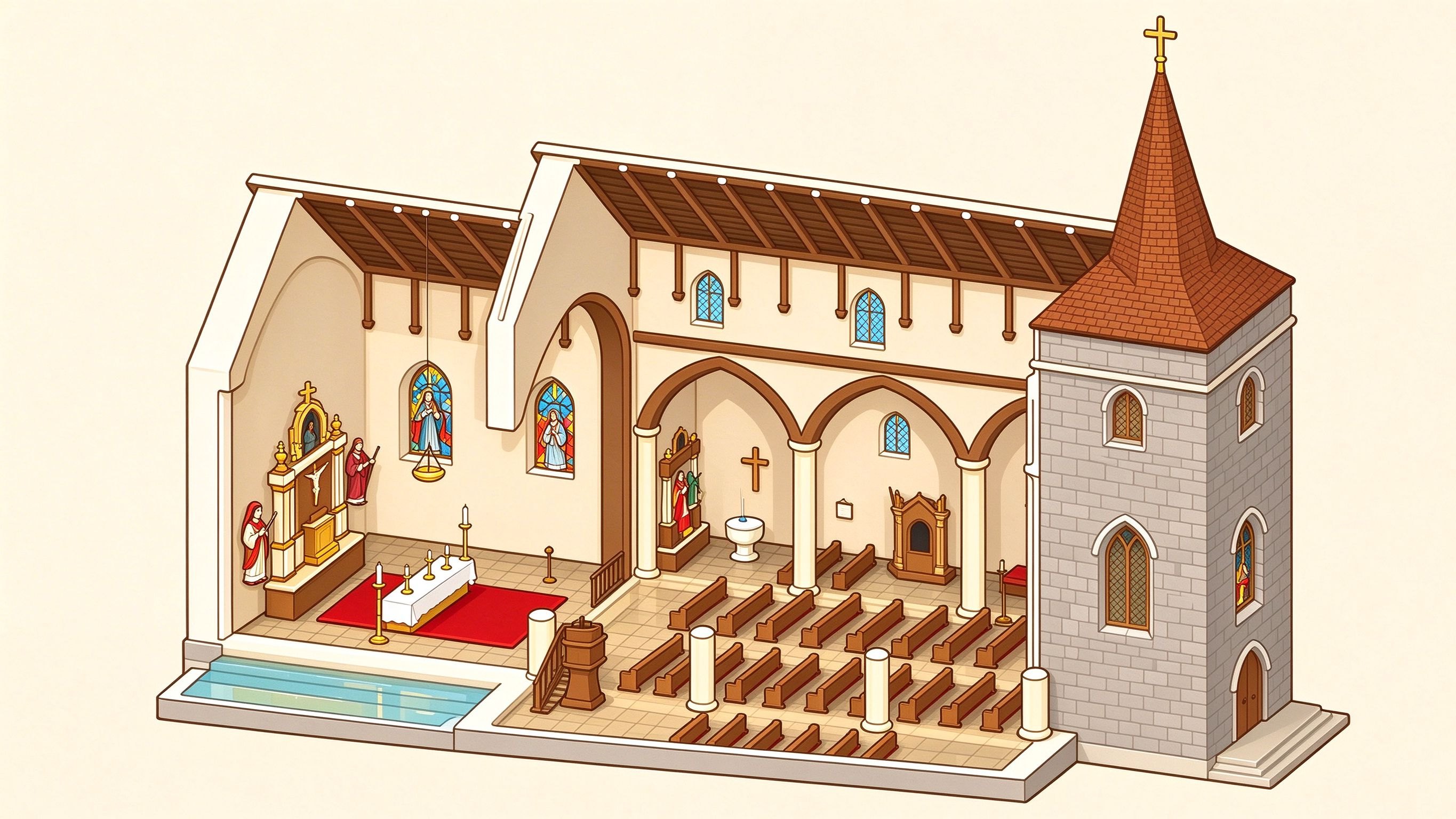 Church Interior annotated picture vocabulary with labeled objects