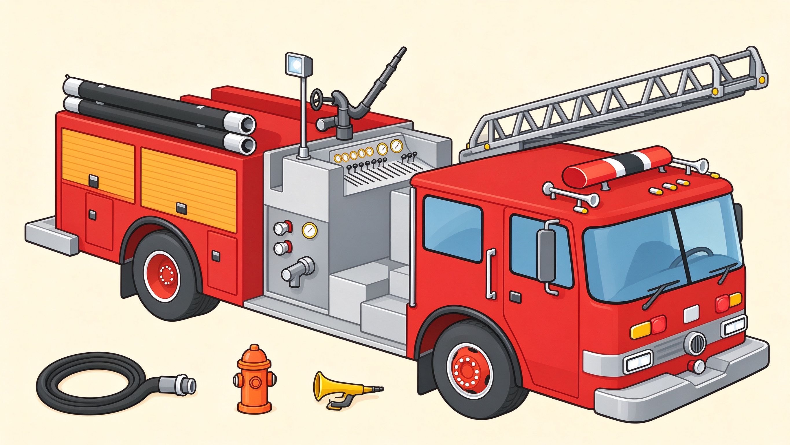 Fire Truck annotated picture vocabulary with labeled objects