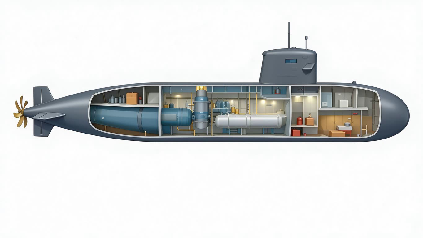 Nuclear submarine interior annotated picture vocabulary with labeled objects