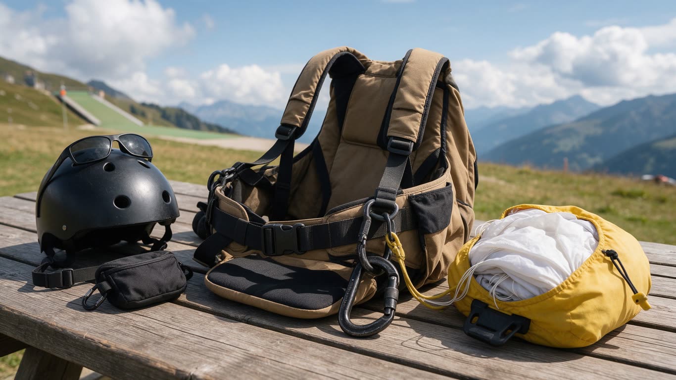 Paragliding pilot equipment annotated picture vocabulary with labeled objects