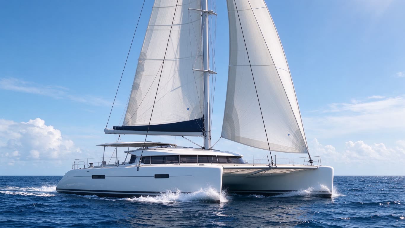 Multihull sailboat annotated picture vocabulary with labeled objects
