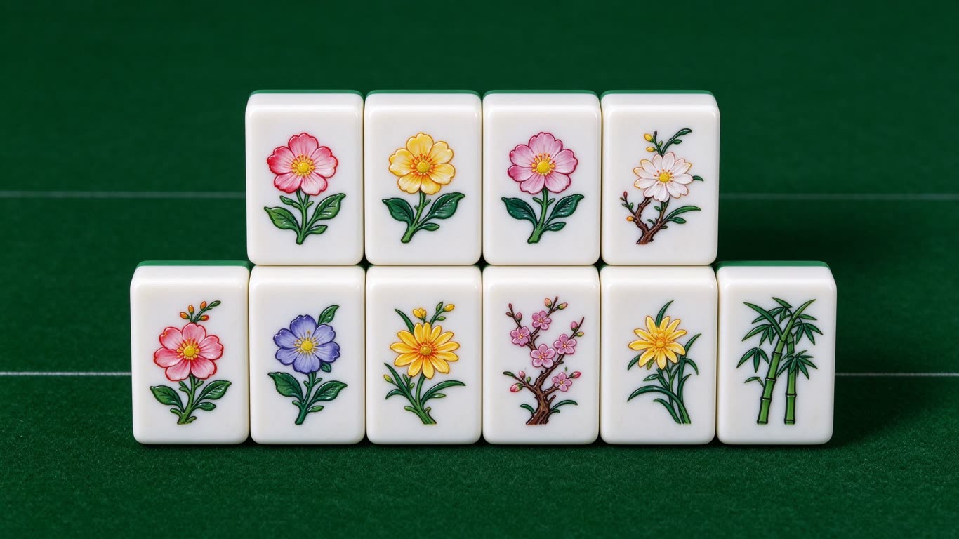 Mahjong flower tiles annotated picture vocabulary with labeled objects