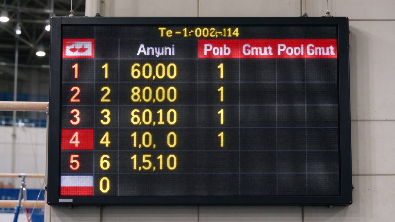 Gymnastics scoreboard annotated picture vocabulary with labeled objects