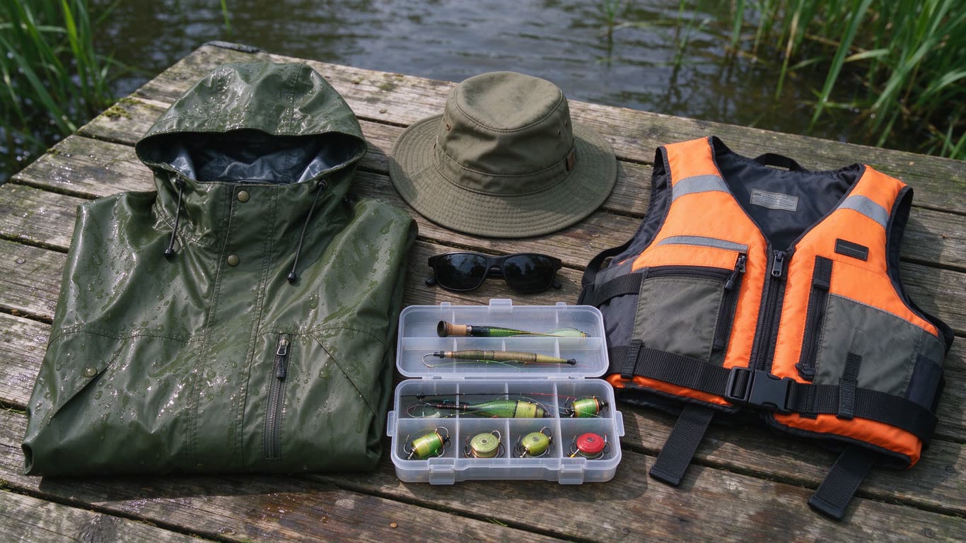 Fishing clothing and gear annotated picture vocabulary with labeled objects