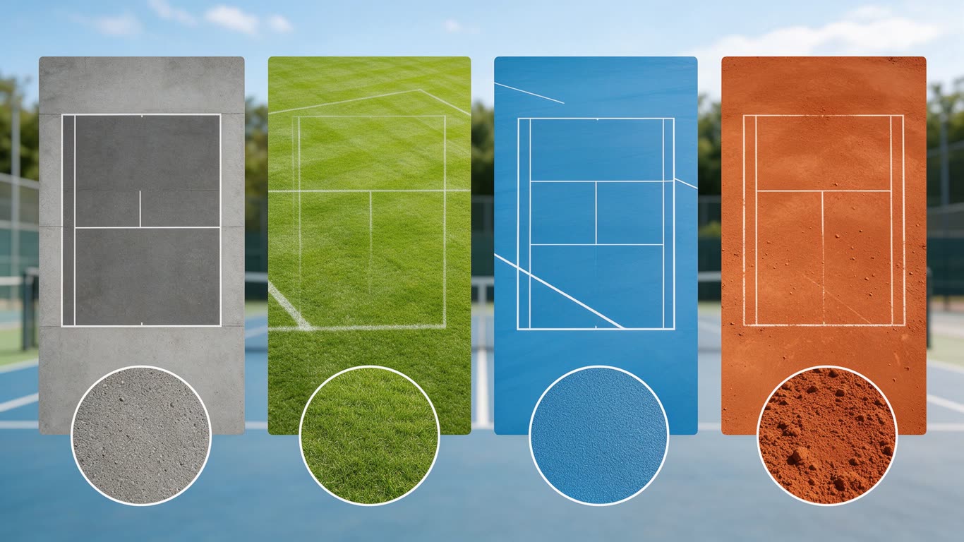 Tennis court surfaces annotated picture vocabulary with labeled objects