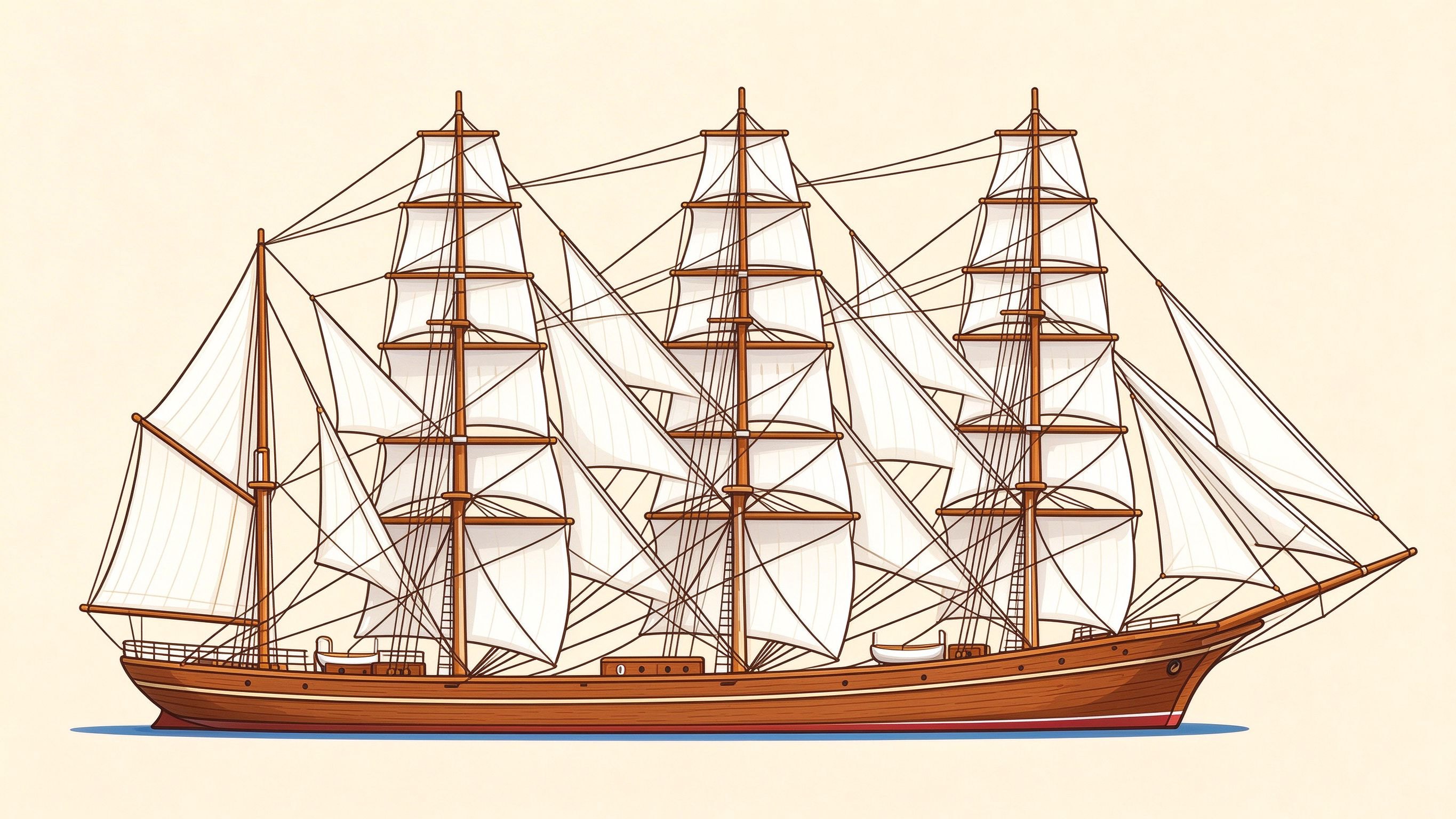 Four-masted ship sails annotated picture vocabulary with labeled objects