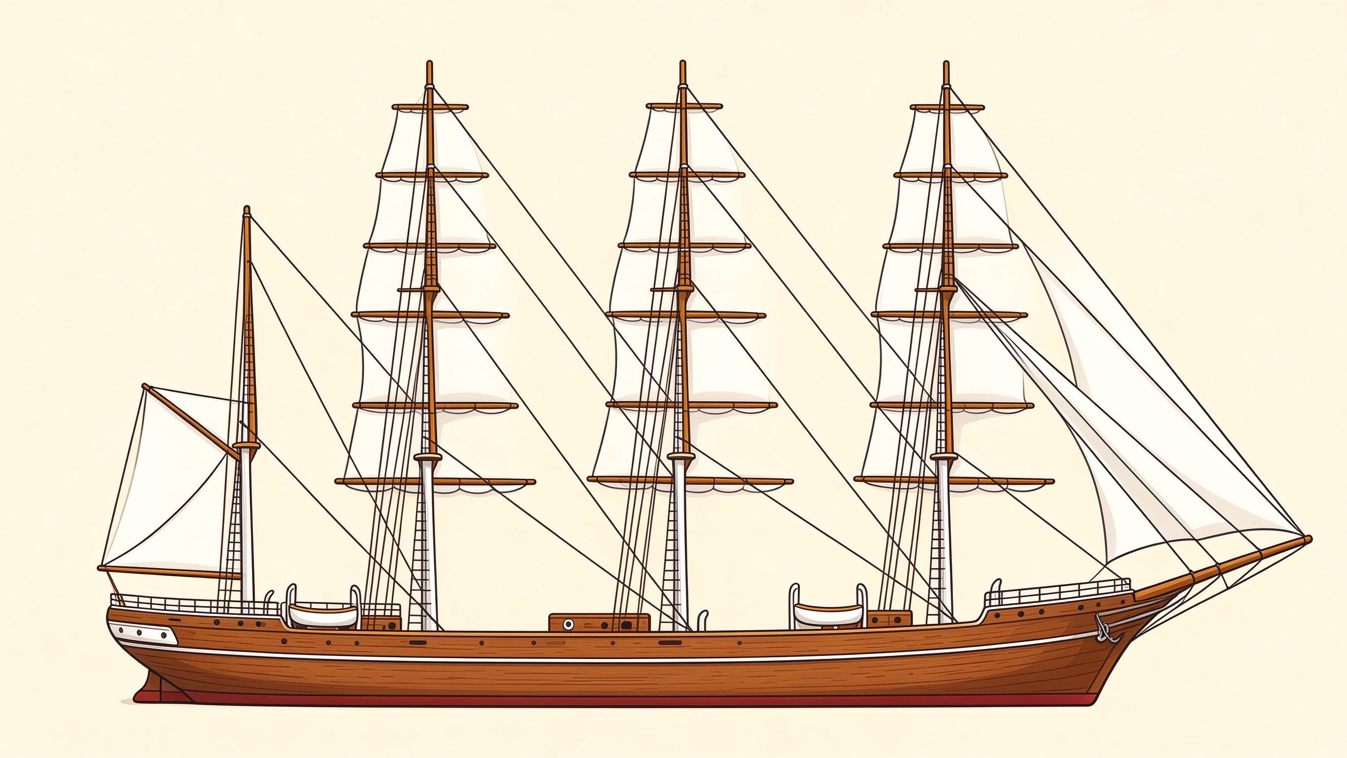 Four-masted ship masts and rigging annotated picture vocabulary with labeled objects