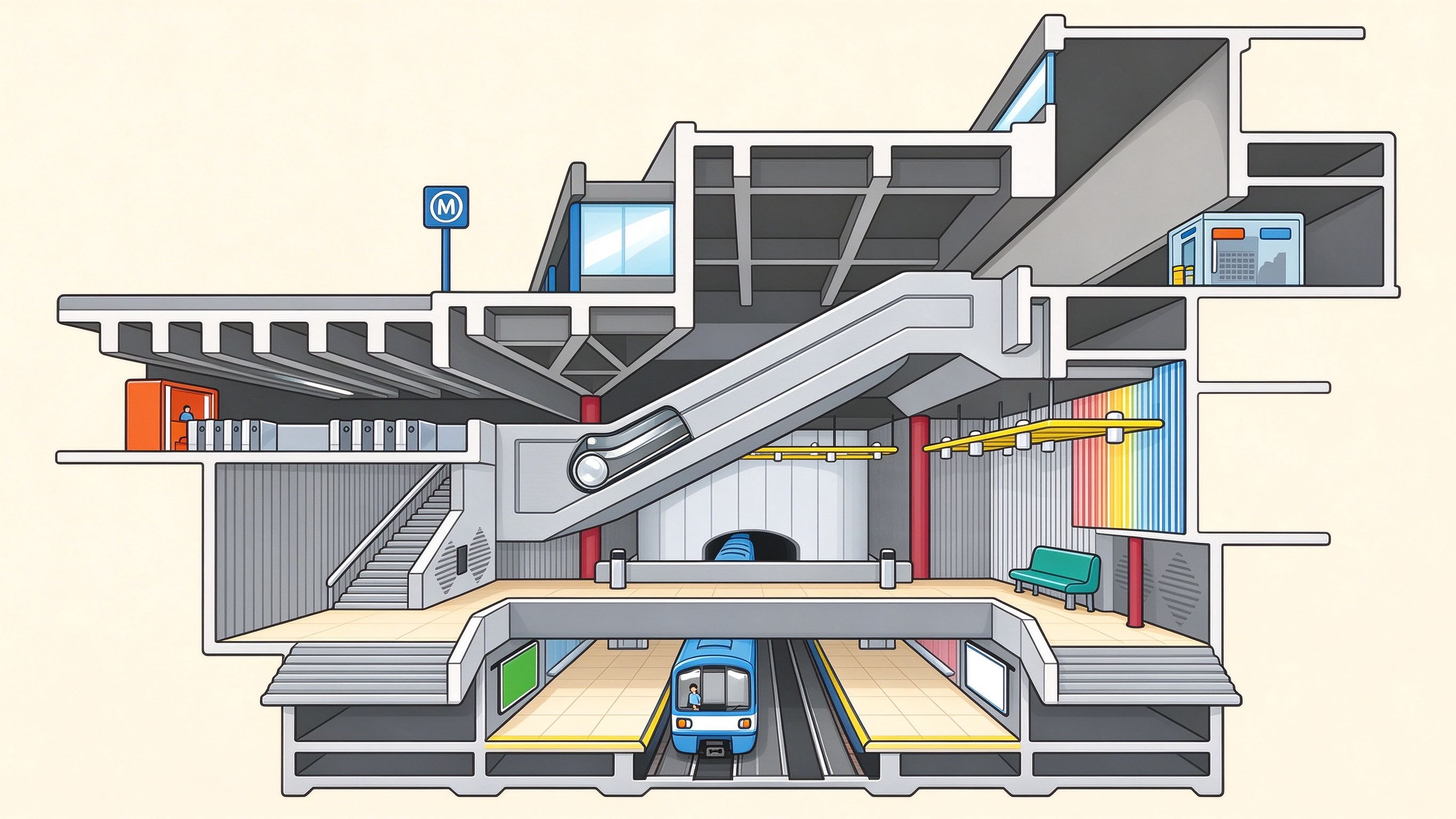 Subway station annotated picture vocabulary with labeled objects