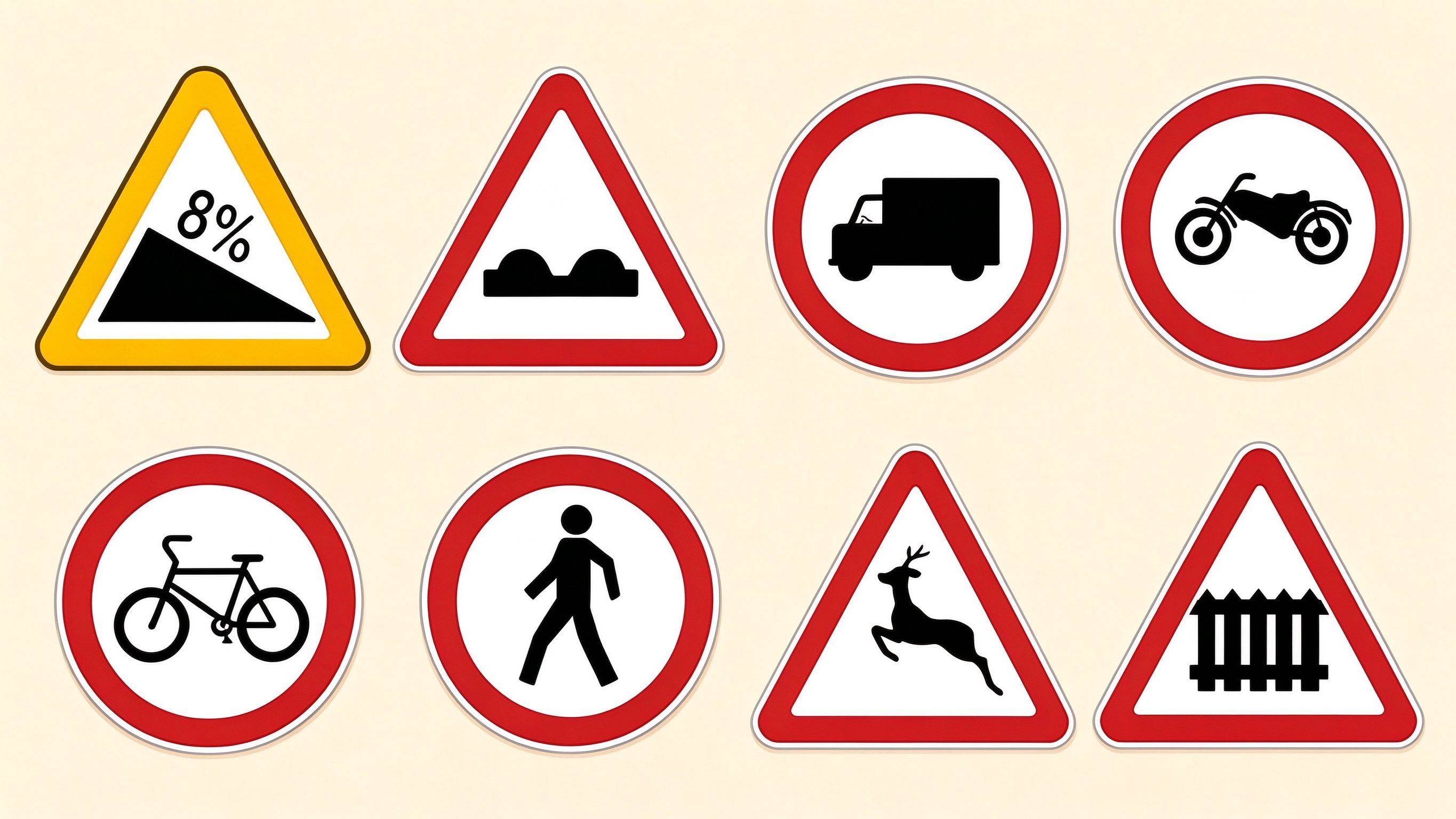 Main international road signs annotated picture vocabulary with labeled objects