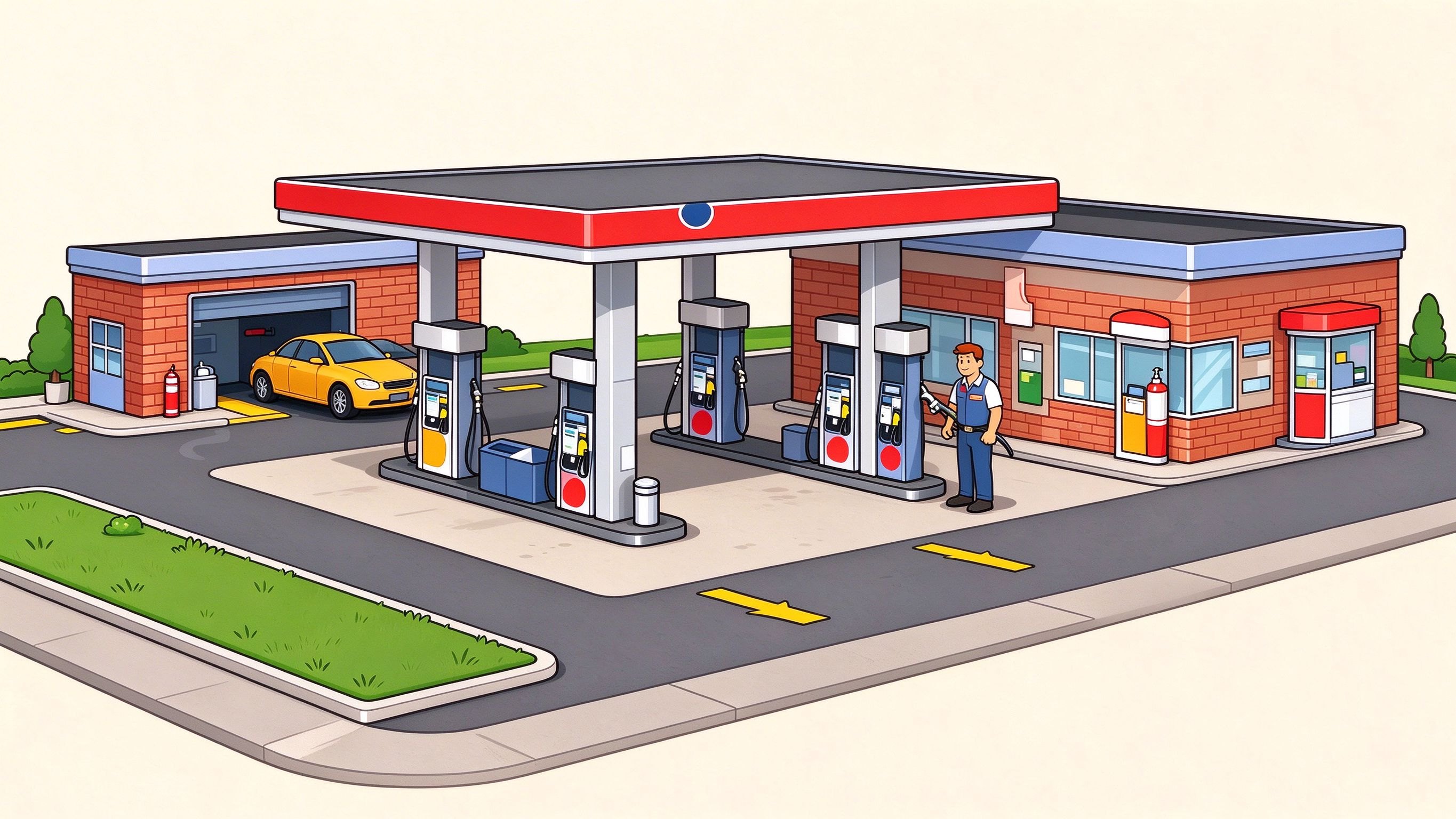 Gas station annotated picture vocabulary with labeled objects