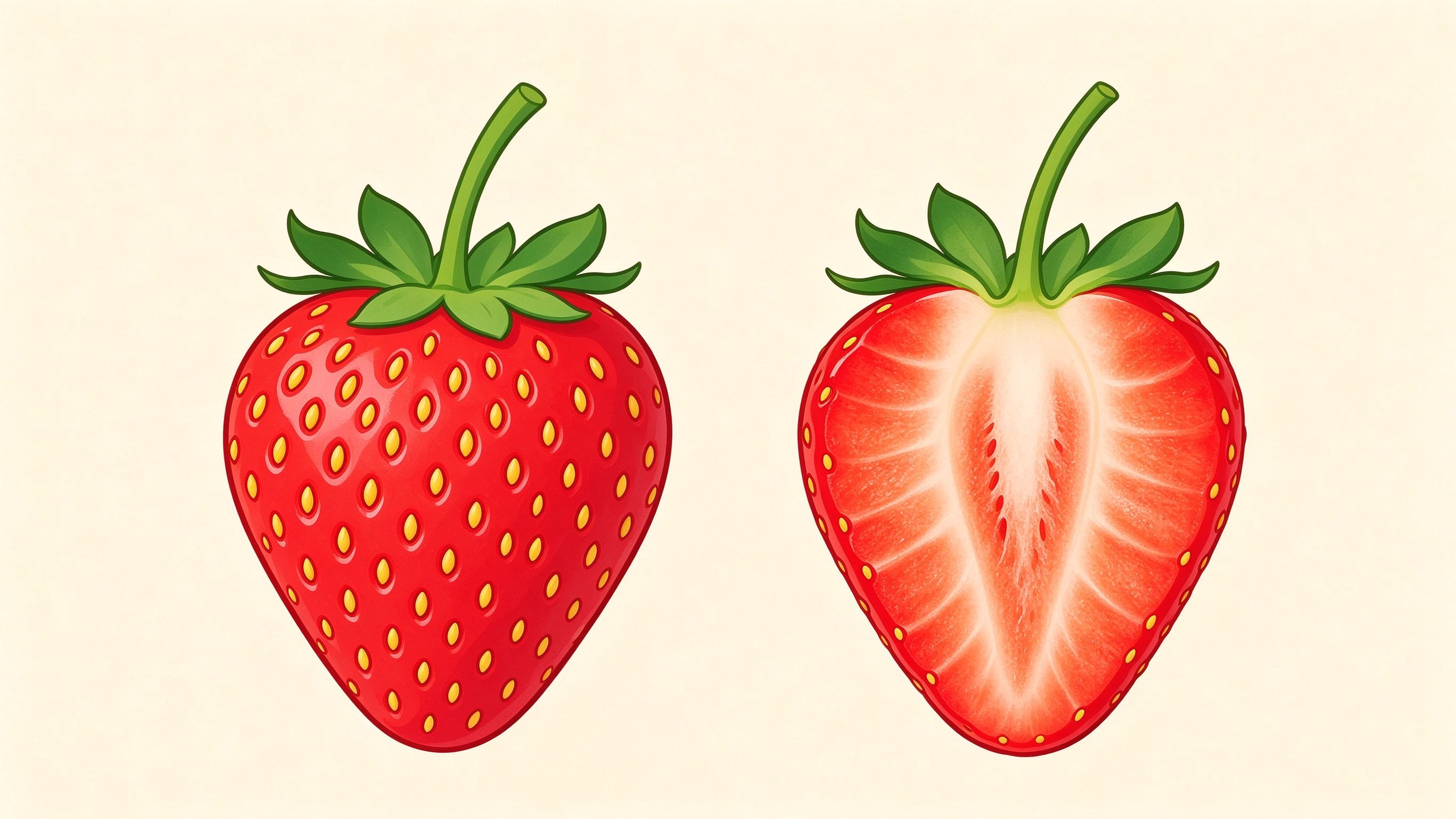 Strawberry cross-section annotated picture vocabulary with labeled objects