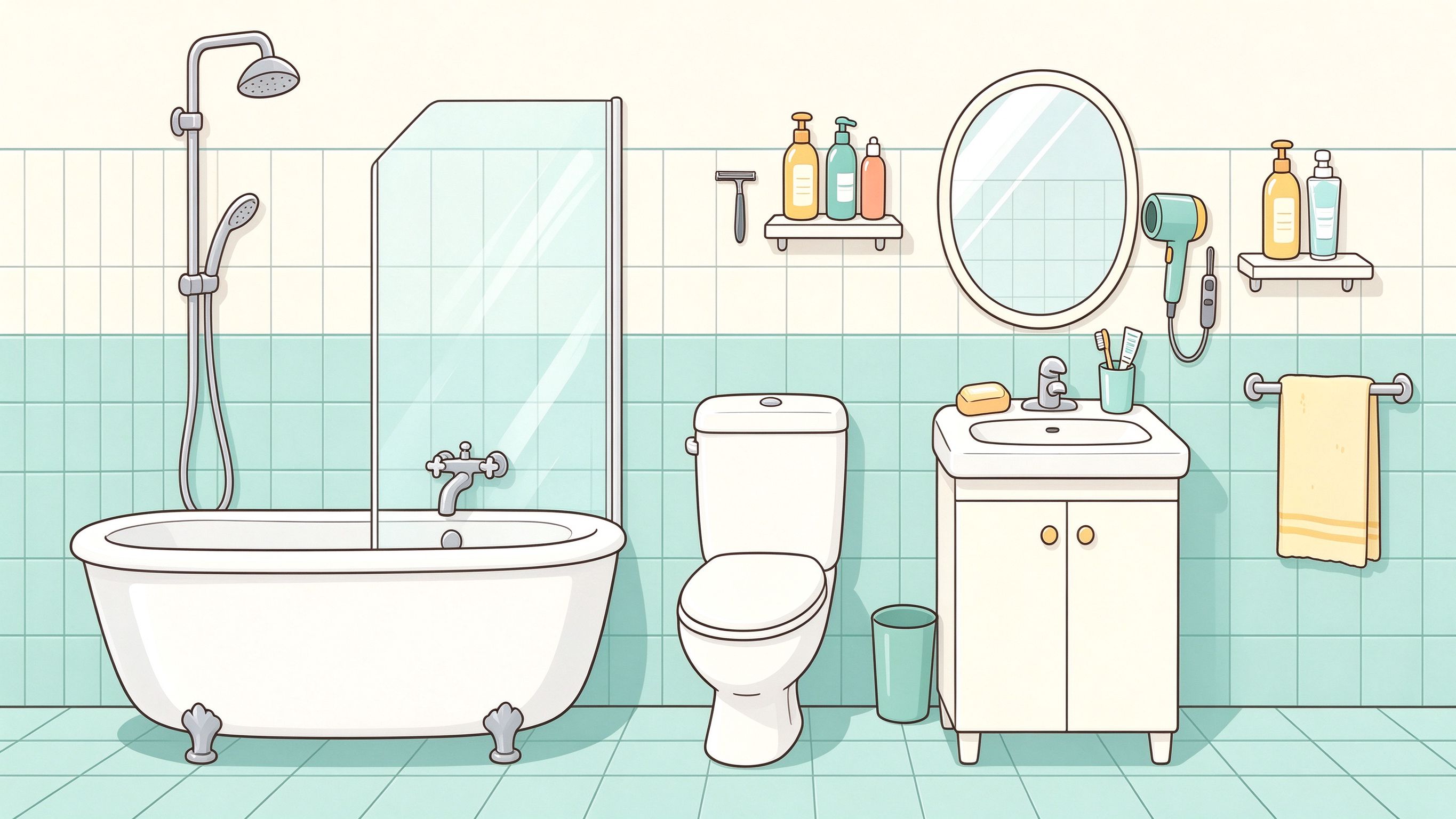 Clean Bathroom annotated picture vocabulary with labeled objects