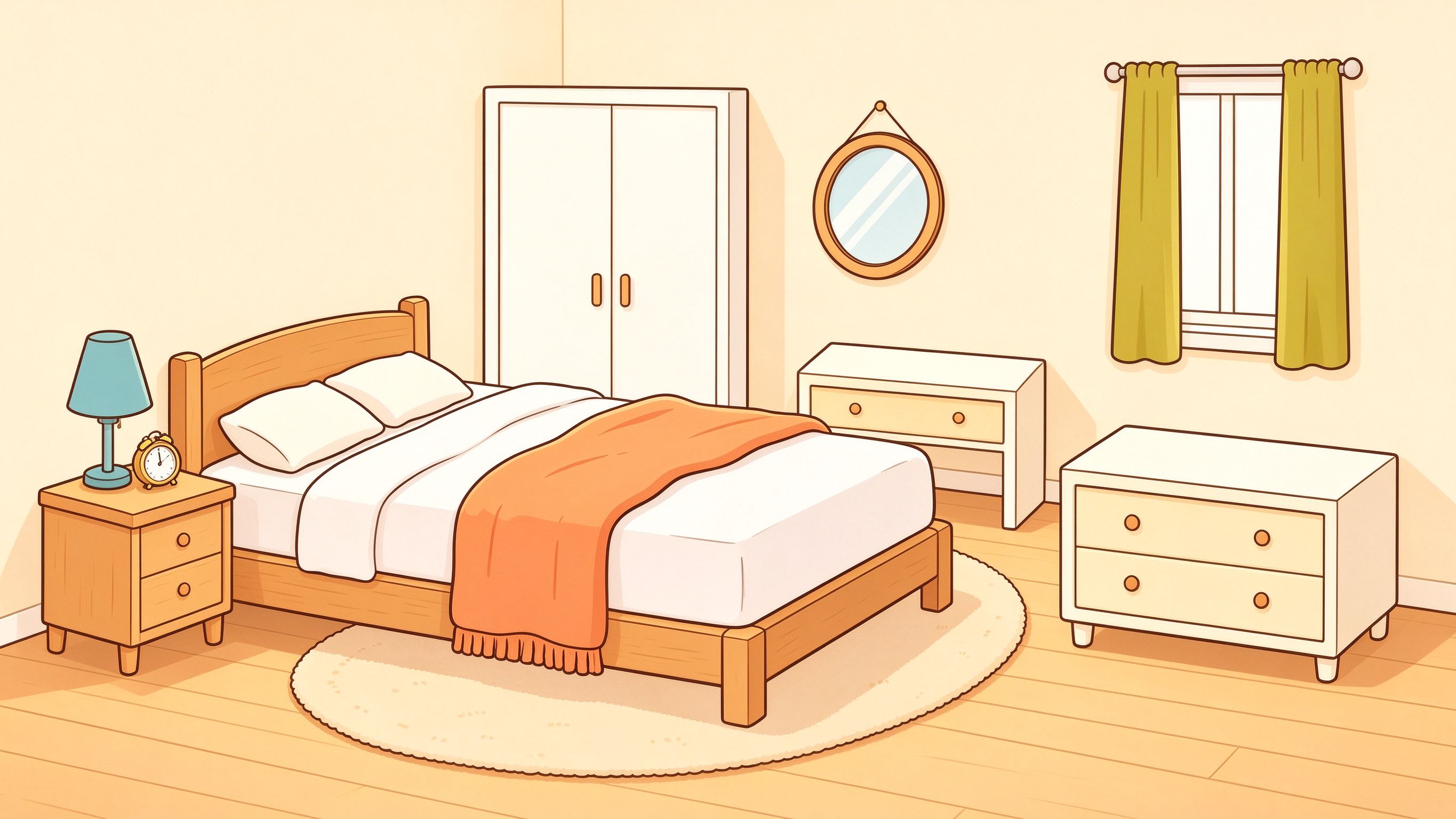 Cozy Bedroom annotated picture vocabulary with labeled objects