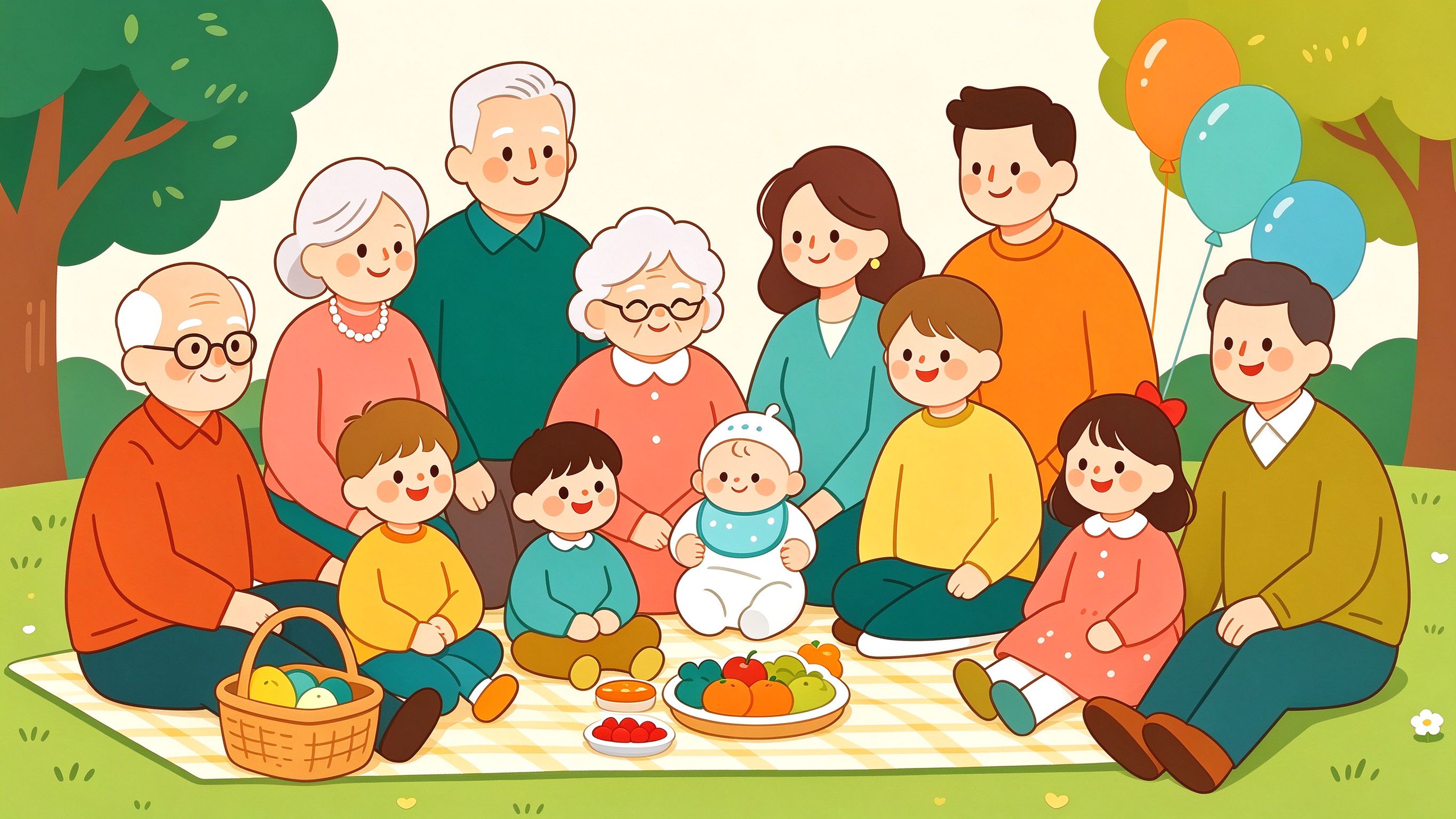 Family Gathering annotated picture vocabulary with labeled objects