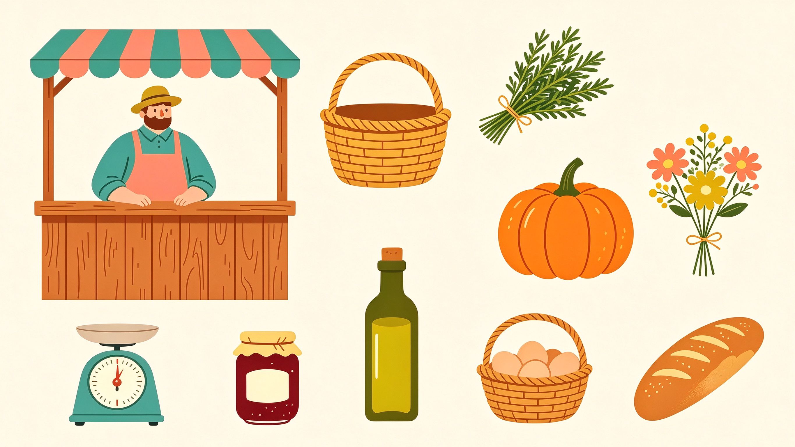 Farmers market annotated picture vocabulary with labeled objects