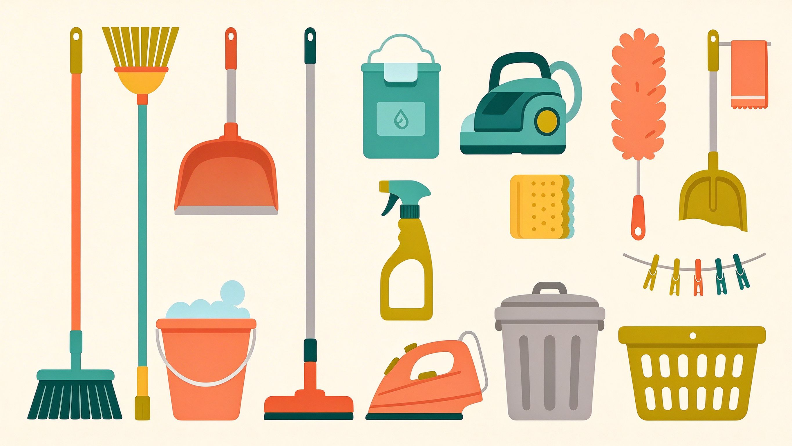 Housework and Cleaning Day annotated picture vocabulary with labeled objects