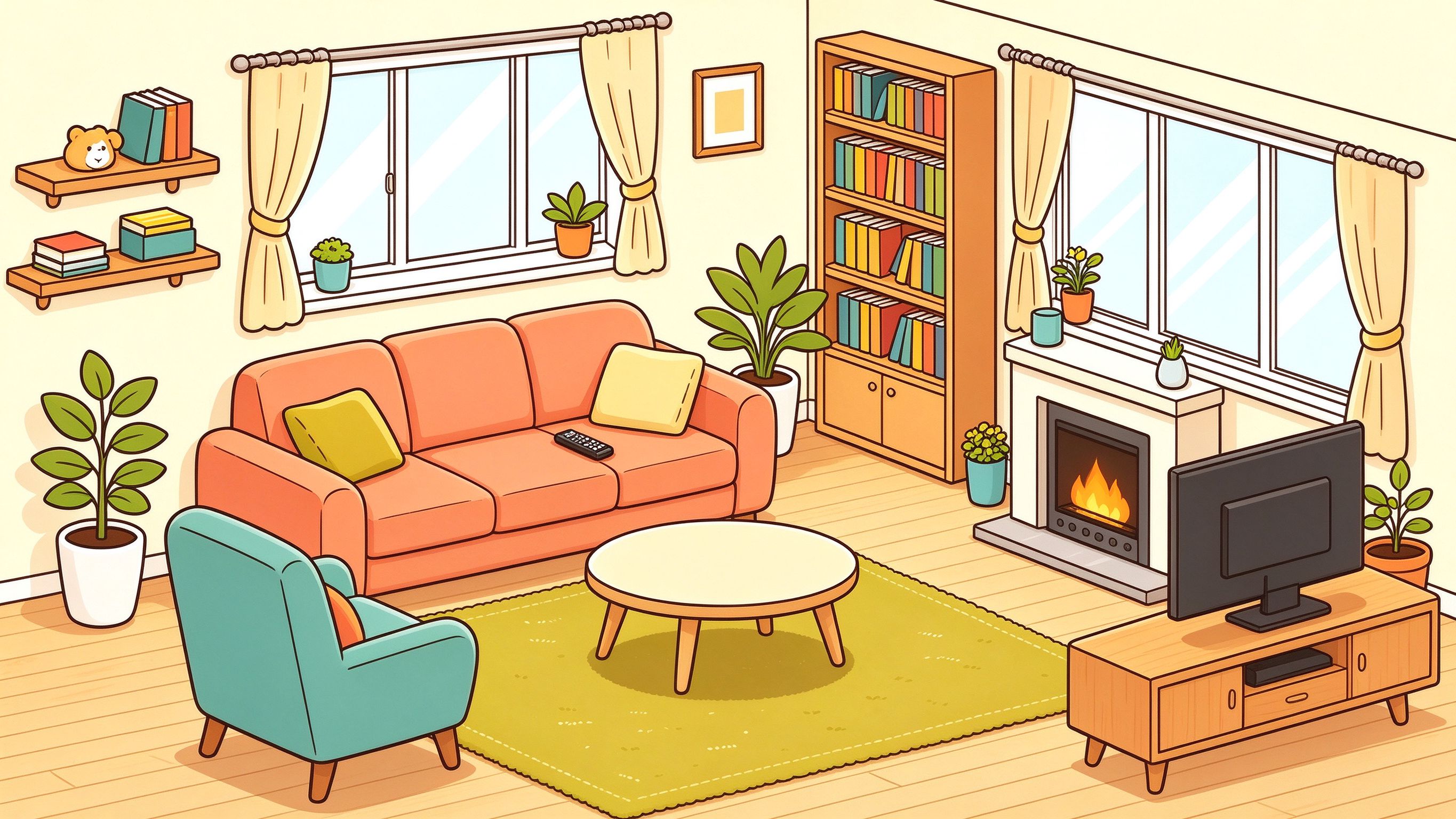 Cozy Living Room annotated picture vocabulary with labeled objects