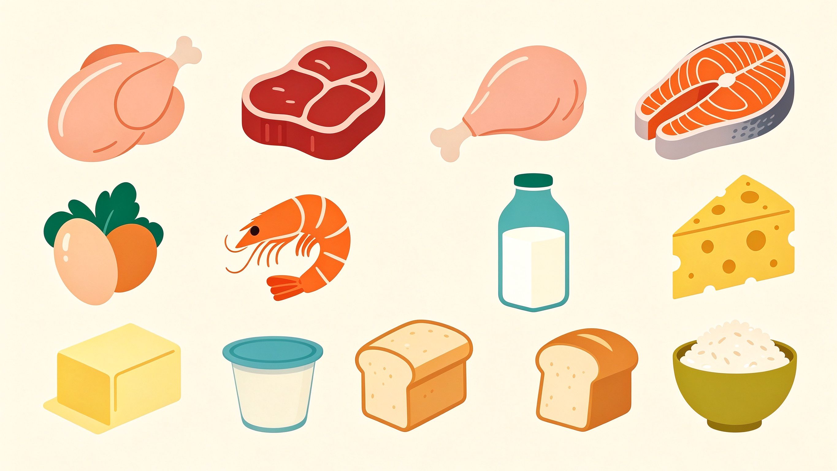 Meat, eggs, dairy and grains annotated picture vocabulary with labeled objects