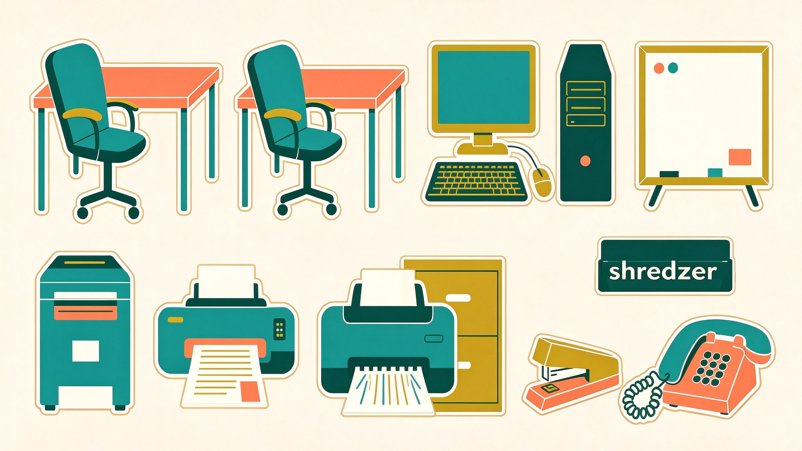 Office annotated picture vocabulary with labeled objects