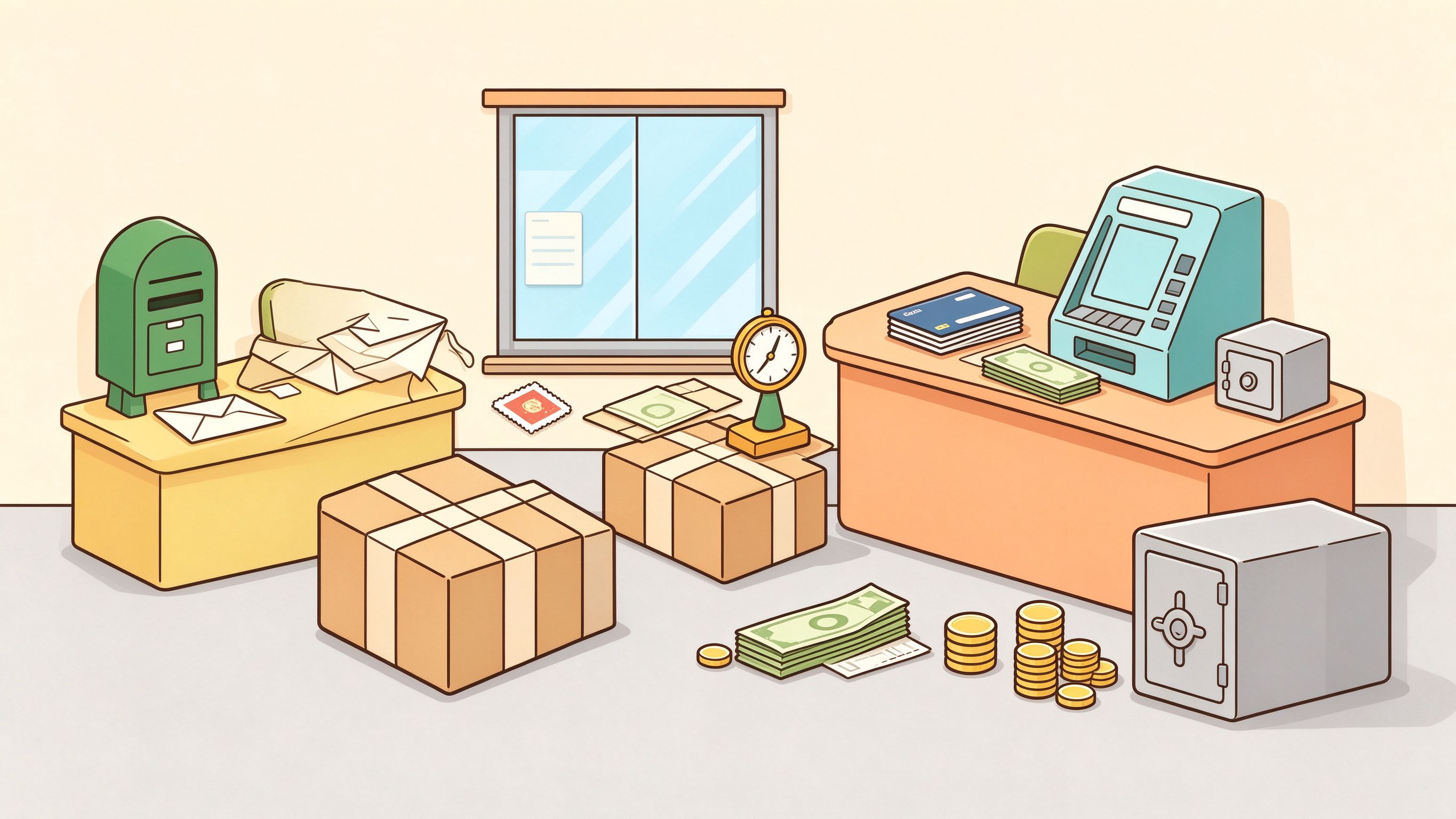 Post Office and Bank annotated picture vocabulary with labeled objects
