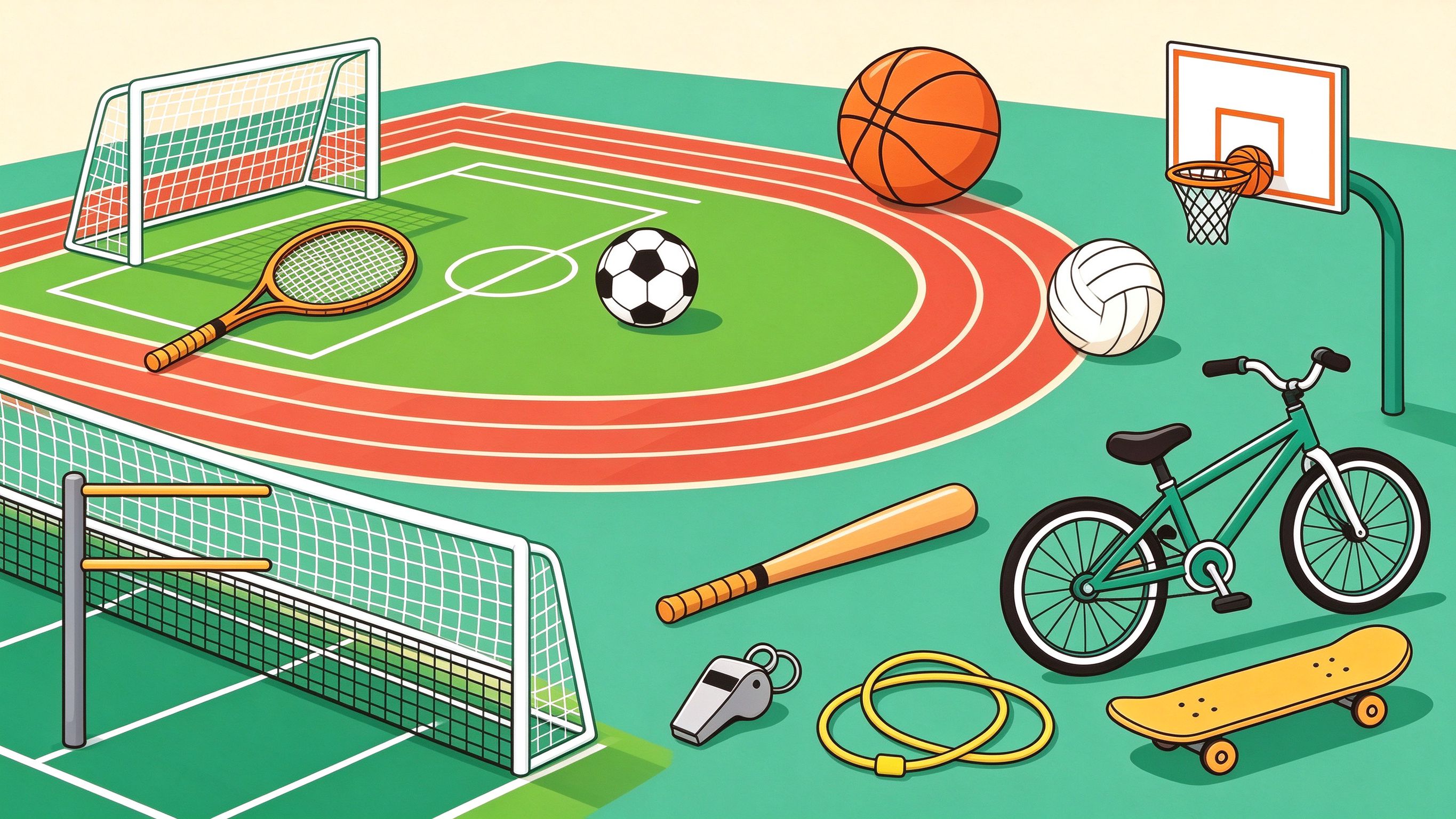 Fun Sports Field annotated picture vocabulary with labeled objects