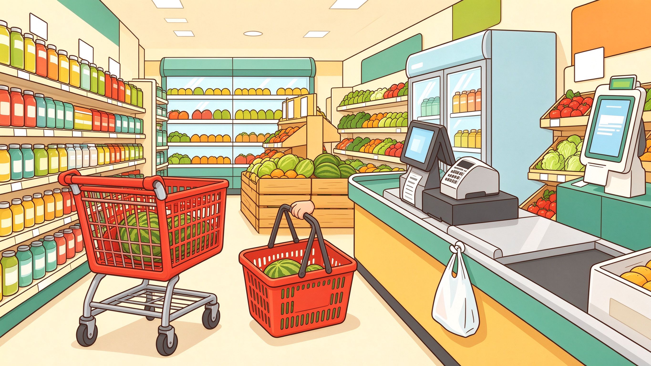 Supermarket Shopping annotated picture vocabulary with labeled objects